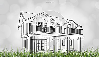 Conceptual image of house perspective render. 3D wireframe rendering with light blurred bokeh background. Vector Cartoon Illustration