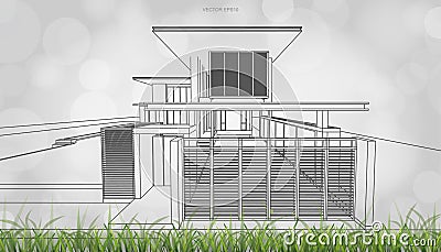Conceptual image of house perspective render. 3D wireframe rendering with light blurred bokeh background. Vector Cartoon Illustration