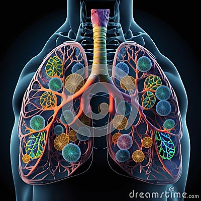 A conceptual image of the human respiratory system, illustrating the lungs, trachea, bronchi, and alveoli Stock Photo