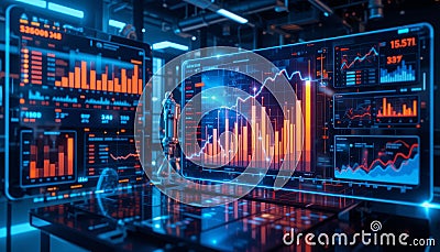 A conceptual image illustrating AI-enhanced data forecasting in a futuristic business setting Stock Photo