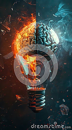 A conceptual image of a lightbulb representing brainpower split between fiery creativity and cool logic, illustrating innovation Stock Photo