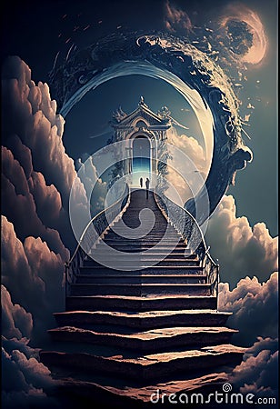 Conceptual image of a man on a stairway to heaven. Generative AI Stock Photo