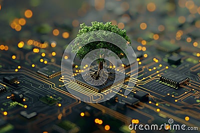 Conceptual image of a miniature tree growing on the surface of a computer board, the roots of which are integrated into Stock Photo