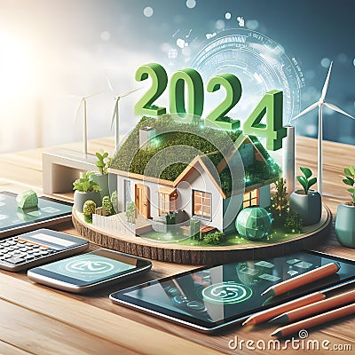 Conceptual image of New Year 2024 with eco-friendly house with solar panels and windmills, generative ai Stock Photo