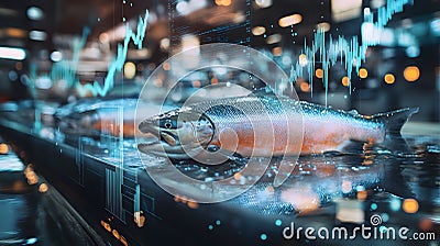 A conceptual image of salmon in a market setting, with floating graphs representing market dynamics Stock Photo