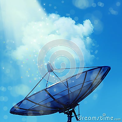 Conceptual image of a satellite dish antenna over night sky with Stock Photo