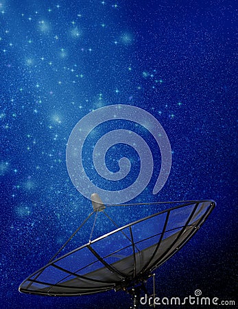 Conceptual image of a satellite dish antenna over night sky with Stock Photo