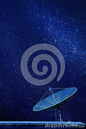 Conceptual image of a satellite dish antenna over night sky with Stock Photo