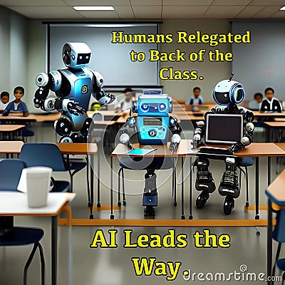 Human students are relegated to back of the class, while the AI robots are promoted to sit at the front of class, generated by AI. Stock Photo