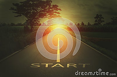 Conceptual image with text word start on asphalt road Stock Photo