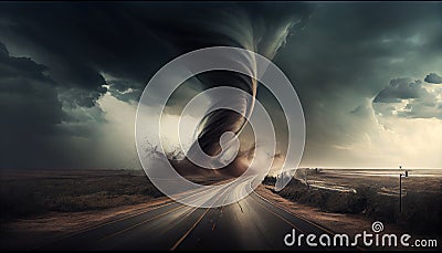Conceptual image of tornado approaching a road with dramatic sky background. Generative Ai Stock Photo