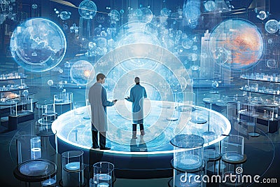 Conceptual image of two doctors looking at hologram screen in laboratory, Team of Medical Research Scientists Work on a New Stock Photo