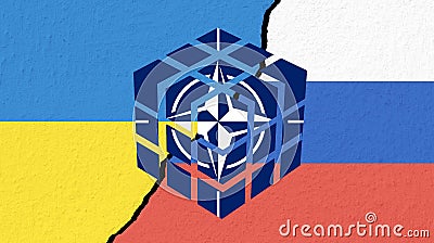 Conceptual image of war between Russia and Ukraine with cracked wall and Rubik`s Cube with national flag Editorial Stock Photo