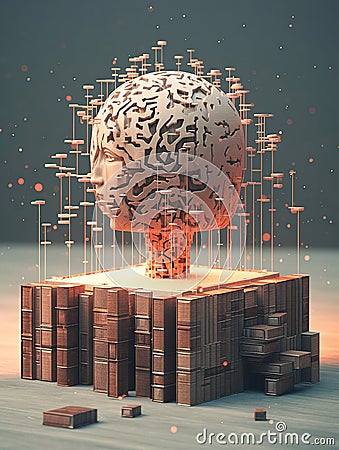 The conceptual image which symbolizes interrelation between a human brain, the massif of knowledge and AI Stock Photo