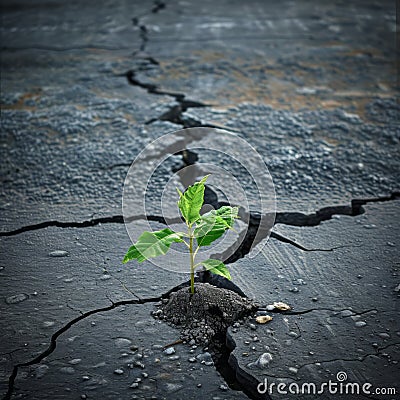 young sapling breaking through a cracked concrete pavement Stock Photo