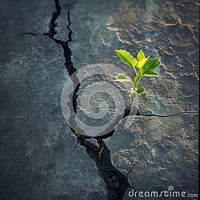 young sapling breaking through a cracked concrete pavement Stock Photo