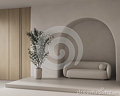 Conceptual interior room with arched stucco wall. Creative composition sofa with arch in warm beige pastel color. Mockup Cartoon Illustration