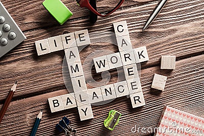 Conceptual keywords on wooden table with elements of game making crossword Stock Photo