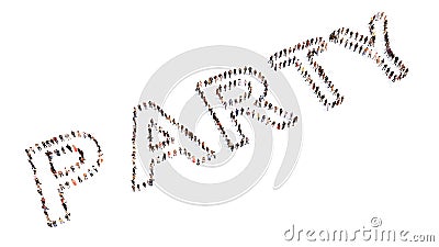 Conceptual large community of people forming the the word PARTY. 3d illustration metaphor for celebration, fun Cartoon Illustration