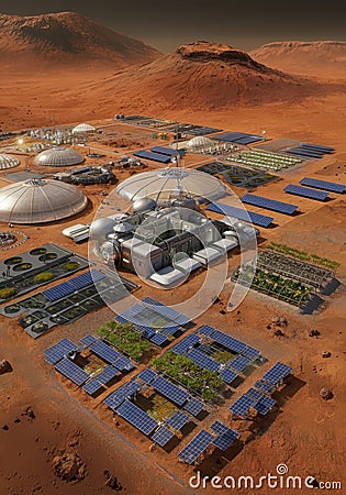 A conceptual Mars base with multiple domed structures set on a barren, red landscape. Stock Photo