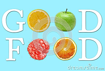 A conceptual message made up of the letters and fruits of lemon, orange, green apple and raspberry shows `good food`. Stock Photo