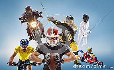 The conceptual multi sports collage with american football, hockey, cyclotourism, fencing, motor sport Stock Photo