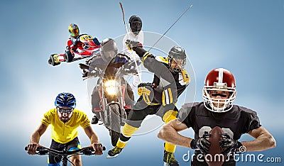 The conceptual multi sports collage with american football, hockey, cyclotourism, fencing, motor sport Stock Photo
