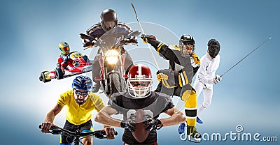 The conceptual multi sports collage with american football, hockey, cyclotourism, fencing, motor sport Stock Photo