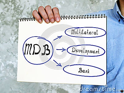 Conceptual photo about MDB Multilateral Development Bank . young adult holding a white notebook Stock Photo