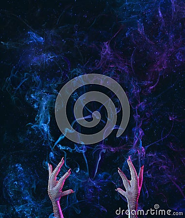 Smoke pentagram and hands Stock Photo