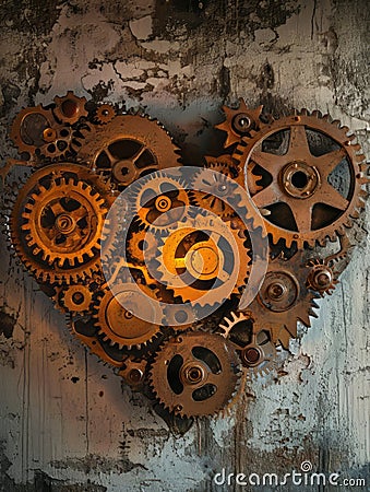 A conceptual photograph featuring interconnected cogs and gears forming a heart shape Stock Photo