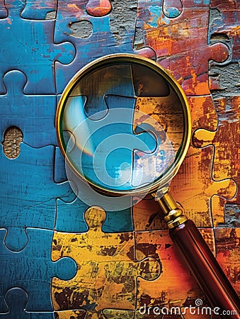 A conceptual photograph featuring a magnifier glass hovering over a jigsaw puzzle, Stock Photo