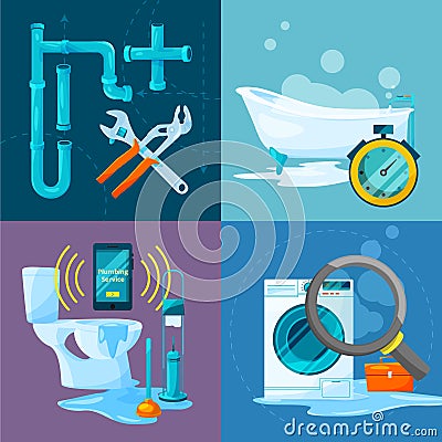 Conceptual pictures set of plumbing works. Bathroom and kitchen pipes and other specific acessories Vector Illustration