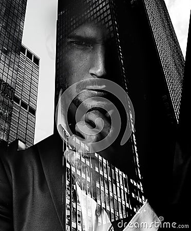 Conceptual portrait of a handsome man with an urban landscape in the background Stock Photo