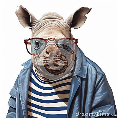 Conceptual Portraiture Rhino Wearing Glasses In Stylish Blue Jacket Cartoon Illustration