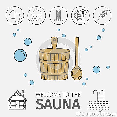 Conceptual poster with elements of Russian banya. Icons set. Vector Illustration