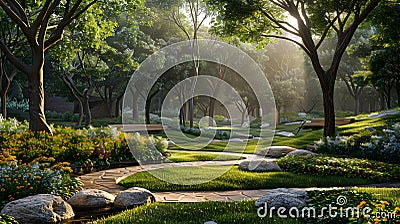 Conceptual rendering of a park project. Generative by AI Stock Photo