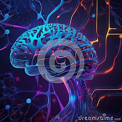 Conceptual representation of artificial intelligence brain surrounded by data and circuits digital d Stock Photo