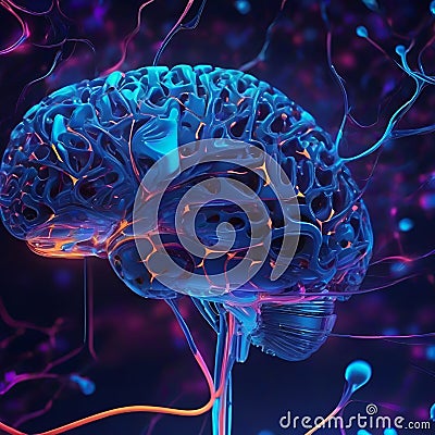 Conceptual representation of artificial intelligence brain surrounded by data and circuits digital d Stock Photo