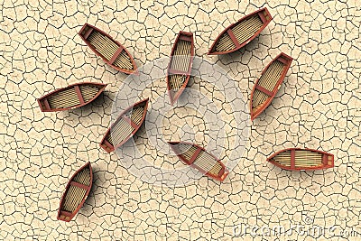 A conceptual representation of a drought with an aerial view of boats on a dry lake Stock Photo