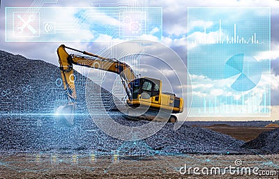 conceptual representation of the industry of the future, construction using technology without the use of man, an excavator based Stock Photo