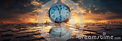 Conceptual Representation Of Time With Giant Clock In Desolate Landscape. Apocalyptic Vision Of Time, Generative AI Stock Photo
