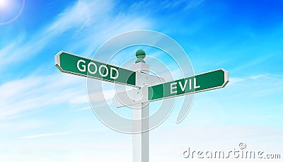 Conceptual shot: intersection of two street signs saying Good and Evil isolated on sky background Stock Photo