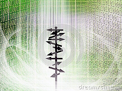 Conceptual silhouetted directional signs pole in abstract structural lights with binary code Stock Photo