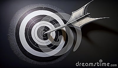 Conceptual sketch of a dart hitting a target in minimalist black and white style, emphasizing precision and focus in a Stock Photo