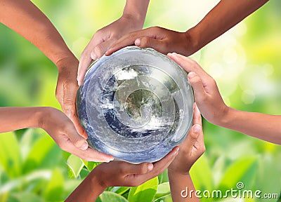 Conceptual symbol of multiracial human hands surrounding the Earth globe. Unity, world peace, humanity concept Stock Photo