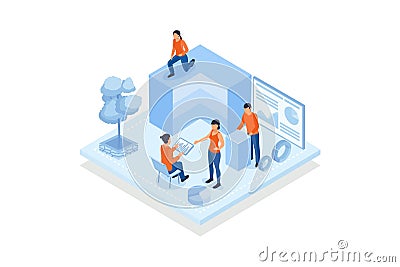 Conceptual template with people analyzing cube divided into layers and screen with diagrams and charts. Scene for object structure Vector Illustration