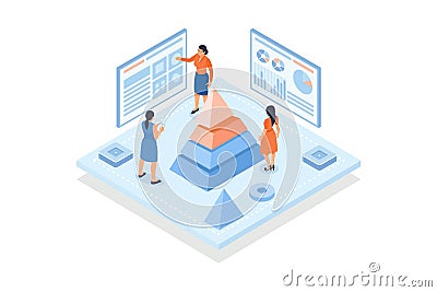 Conceptual template with scientists looking at cone divided into layers and screen with indicators. Scene for structural analysis Vector Illustration
