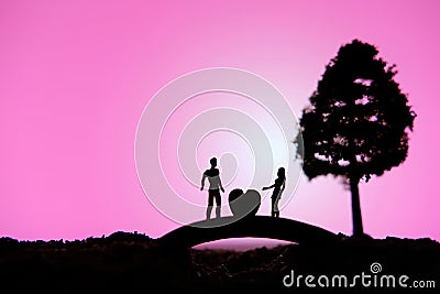 Conceptual valentine holiday illustration. A man proposing a girl silhouette above the bridge Cartoon Illustration