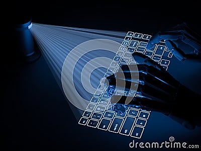 Conceptual virtual keyboard projected onto surface and robot hands Stock Photo